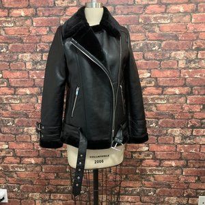 NEW FAUX-LEATHER/SHEARLING BLACK MOTO JACKET